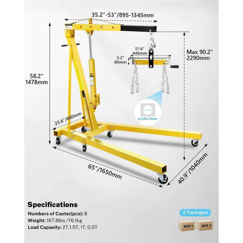 2-Ton Shop Crane, Hydraulic Folding Engine Hoist w/6 Steel Casters