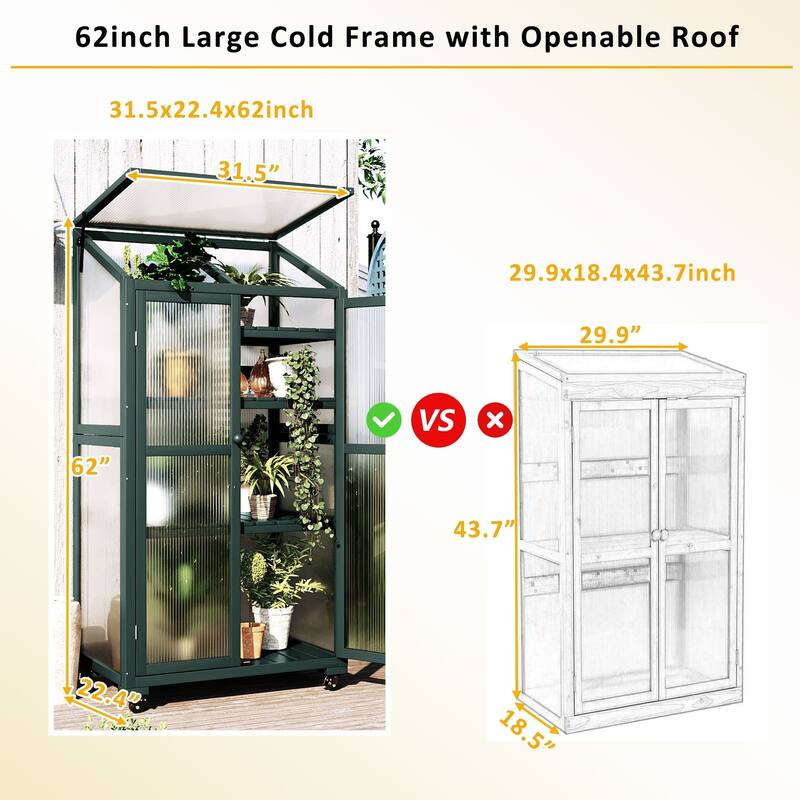62" Portable Cold Frame Greenhouse with Wheels & Adjustable Shelves