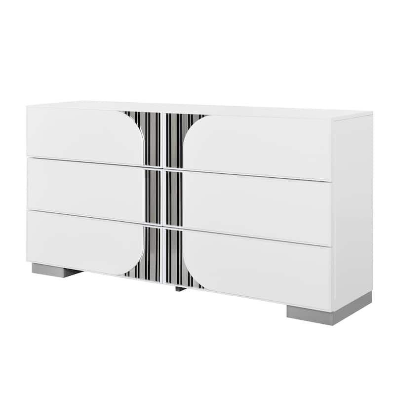 HomeRoots 64" White Wood With Silver And Black Mirrored Accents Six Drawer Double Dresser