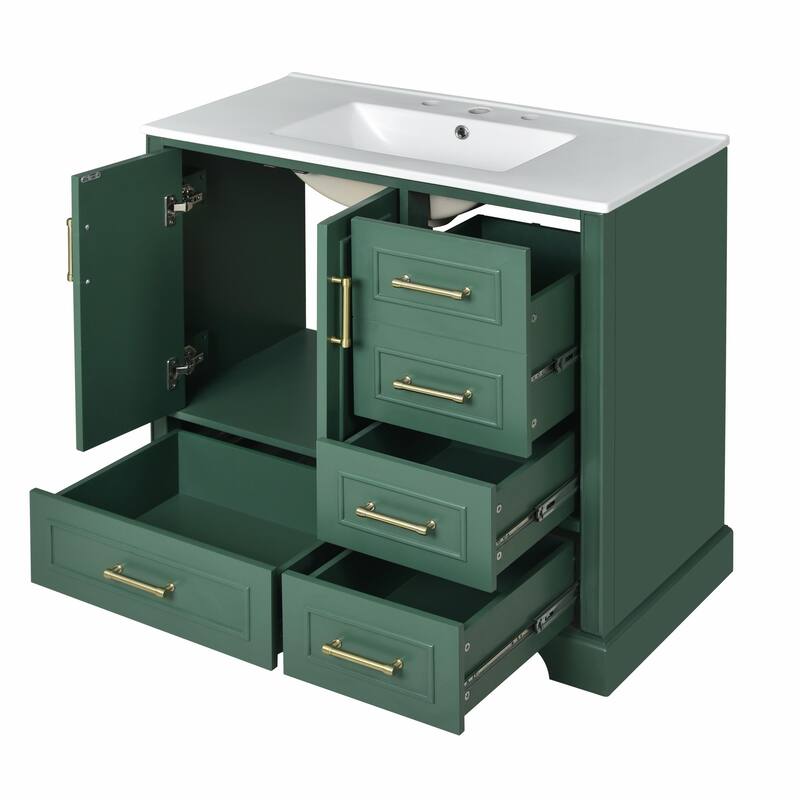 36" Bathroom Vanity with Ceramic Sink - Soft Close Doors and Four Storage Drawers