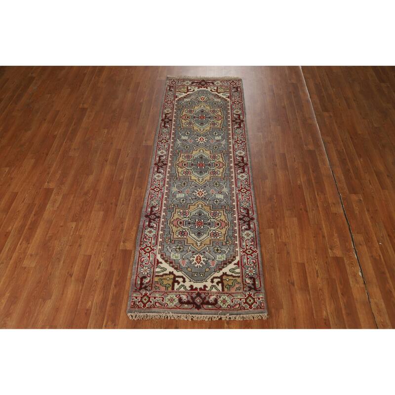 Hand Knotted Oriental 100% Wool Carpet Traditional Geometric Greys & Charcoal Heriz (serapi) Runner Rug - 7' 11'' X 2' 7''
