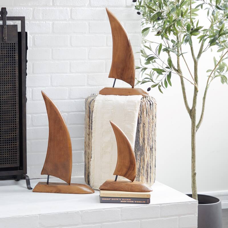 Teak Wood Sail Boat Handmade Decorative Sculpture - Set of 3 Brown - Roche River Decor