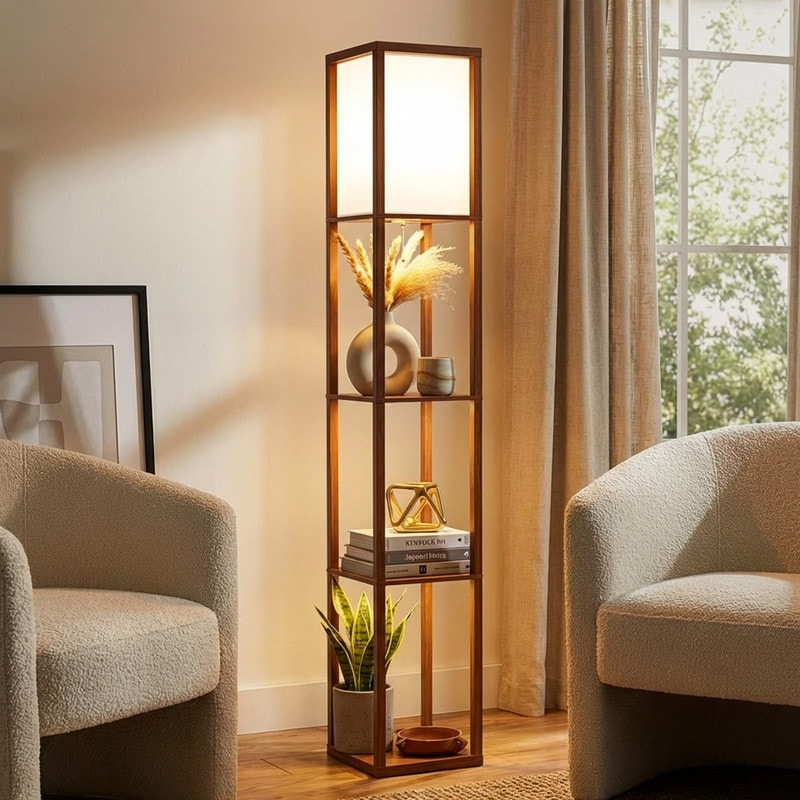 Brightech Maxwell 63 in. Walnut Brown Traditional LED Super Bright 3-Shelf Floor Lamp with White Fabric Square Shade