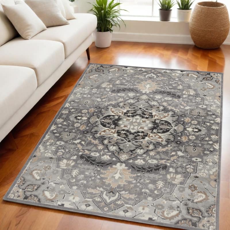 Keluc Power Loomed Floral Non Skid Low Pile Area Rug By HomeRoots - 87' X '63' X '0.25 - Black - Rectangle