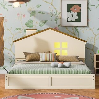 Full Size Low Profile Bed LED Headboard Farmhouse Platform Bed Frame Wooden Bedroom Kids Bed with Slats - Beige