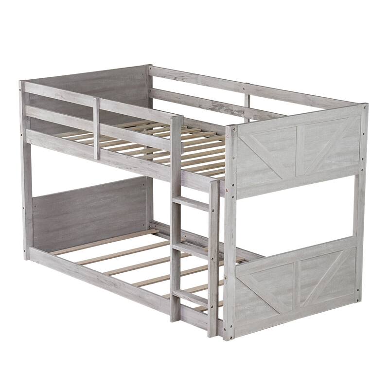 Twin over Twin Floor Bunk Bed w/ Headboard,Footboard,Safety Guardrails