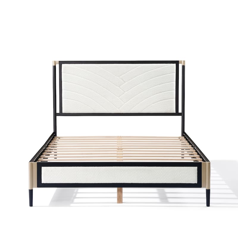 Queen Bed with White Boucle fabric Headboard
