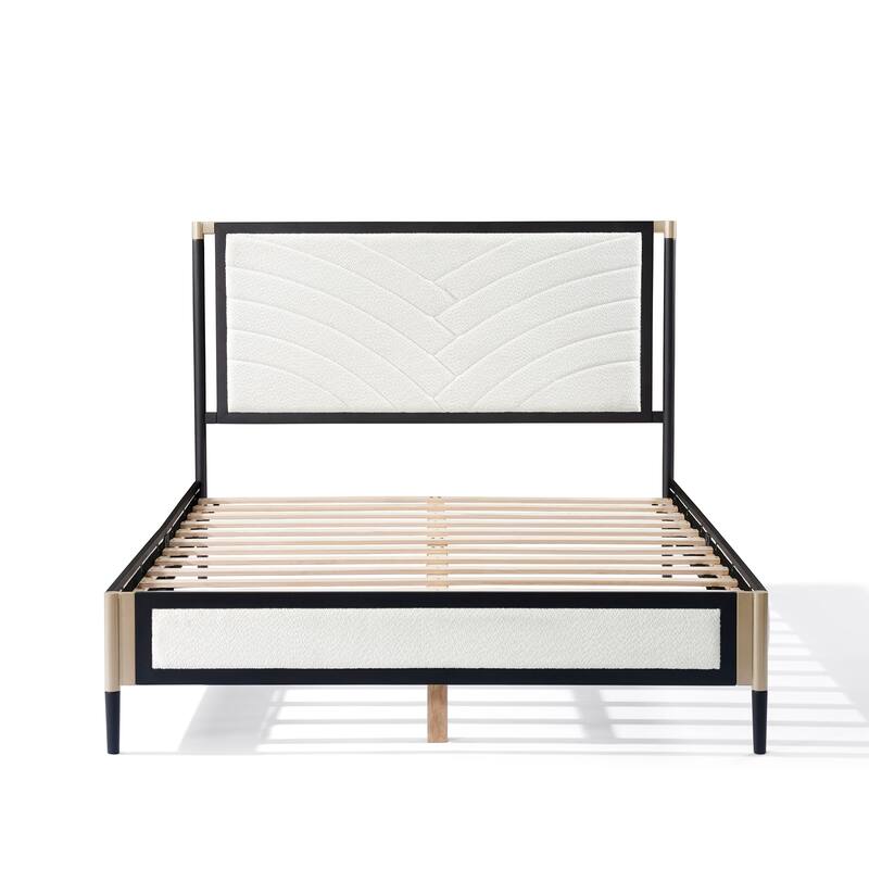 Roomfitters Metal Platform Bed Frame with White Boucle Headboard and Wood Slats, White and Black
