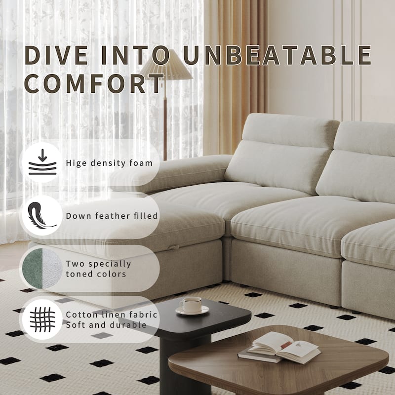 Down Filling Upholstered L-shaped Sectional Sofa with Storage Ottoman and Armrests, Chaise Modular Couch with Adjusted Backrest