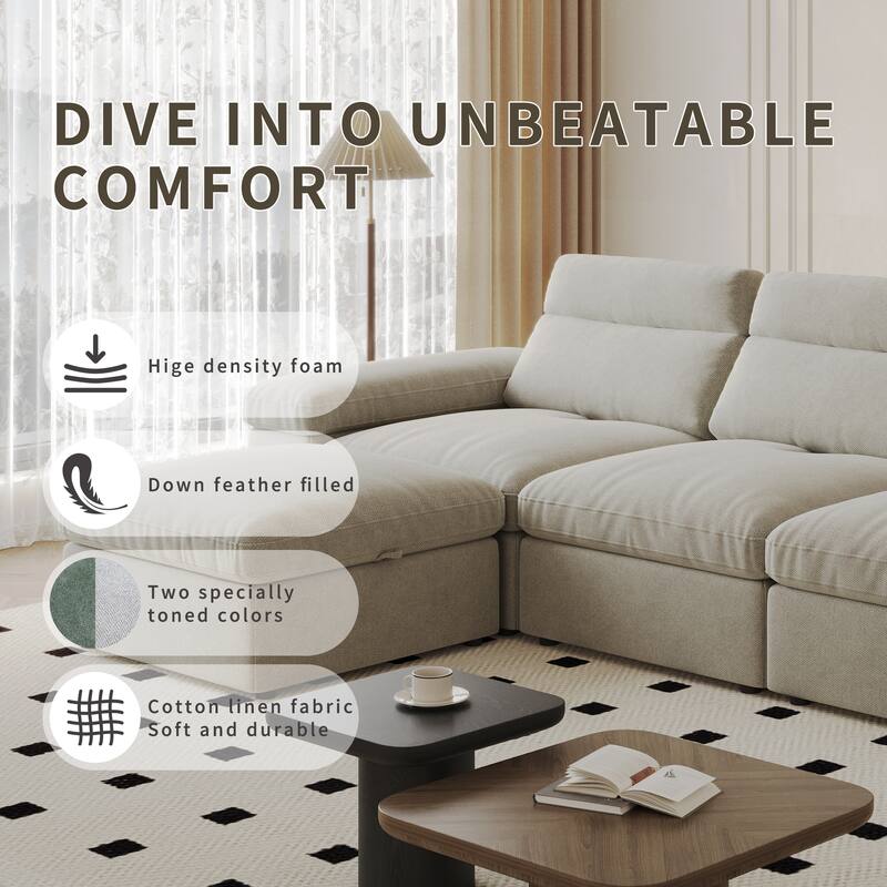 L-Shaped Modular Sectional Sofa with Storage Armrests & Ottoman, Oversized Deep-Seat Cloud Sofa, Lounge Sofa with Adjusted Back