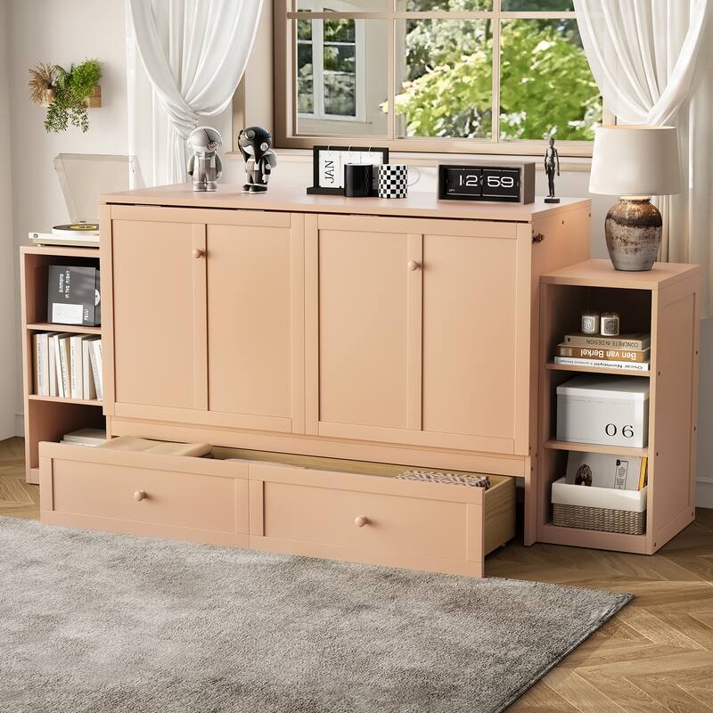 Foldable Wall Cabinet Queen Murphy Bed with Drawers and Open Shelves