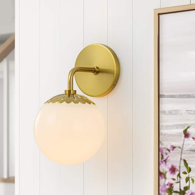 1-Light Aged Brass Milky Glass Globe Wall Sconce - Dimmable