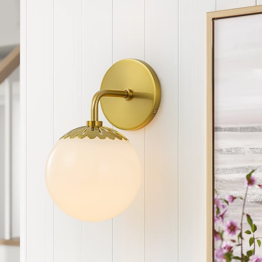 1-Light Aged Brass Milky Glass Globe Wall Sconce - Dimmable