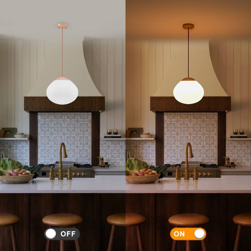 Modern Wood Pendant Light with White Glass Shade Kitchen Fixture - Dia.12.5-in