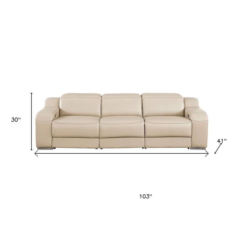 HomeRoots 103" Beige Italian Leather Reclining USB Sofa