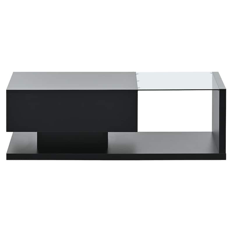Roomfitters Modern Coffee Table with Tempered Glass Top, High Gloss 2-Tier Rectangle Center Table for Living Room
