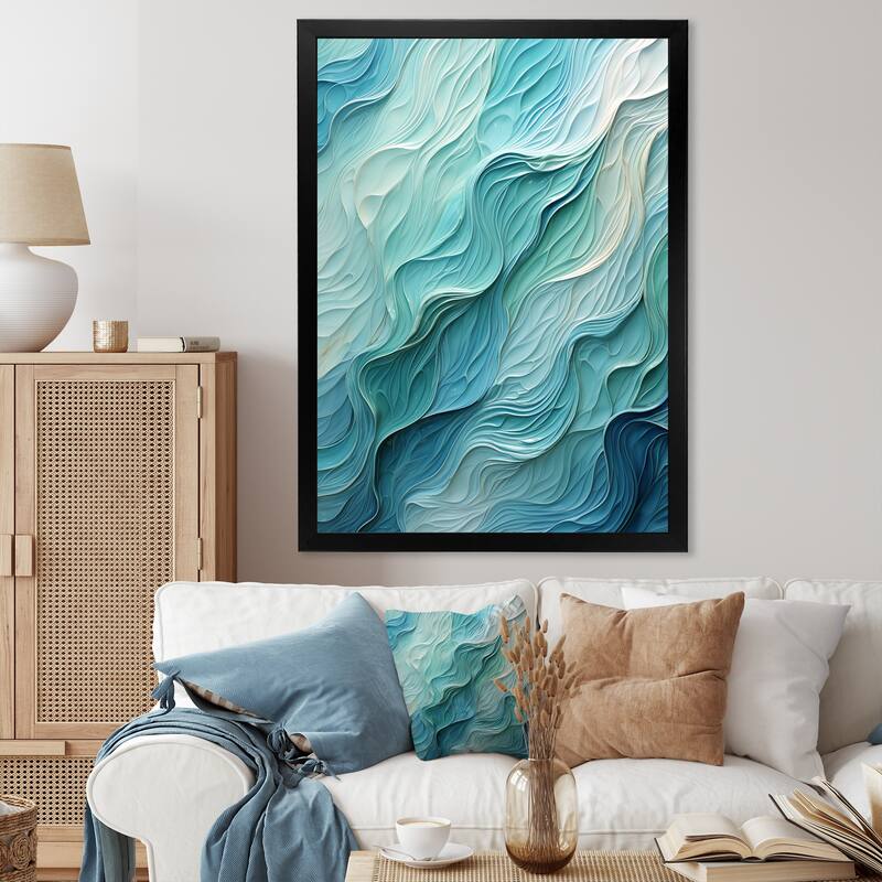 Designart "Aqua Blue And White Serenity Swirl I" Abstract Spirals Framed Canvas Wall Art - 12 in. wide x 20 in. high - Black