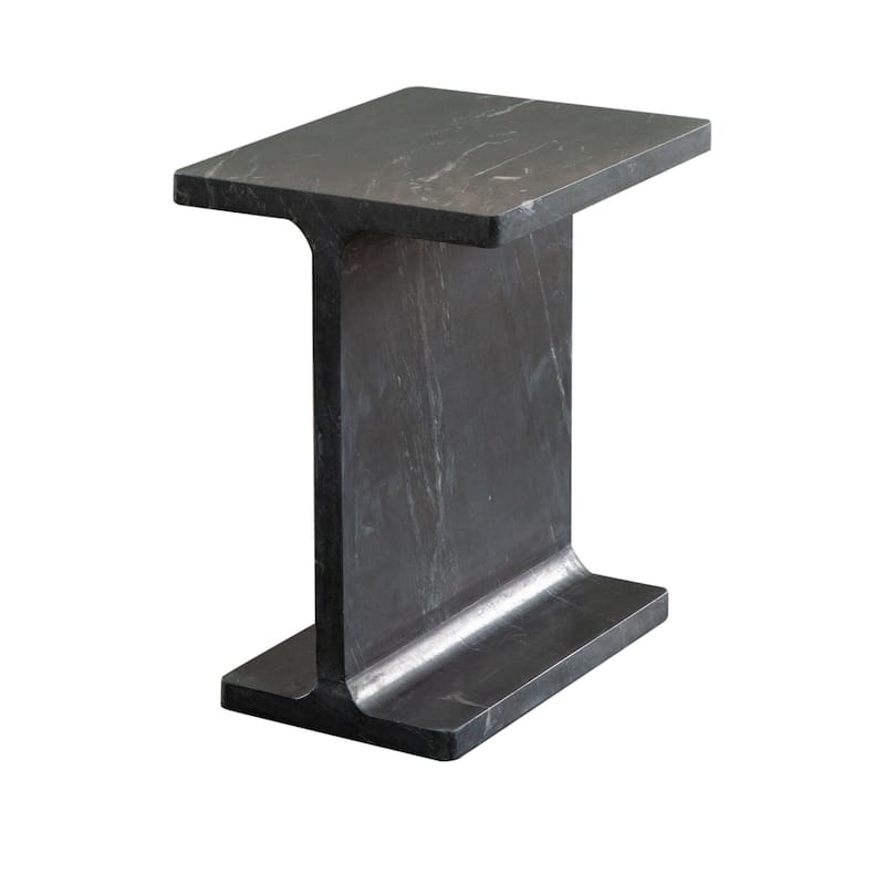 Isy Accent End Table, 15 Inch Black Marquina I-Beam Shaped Natural Marble