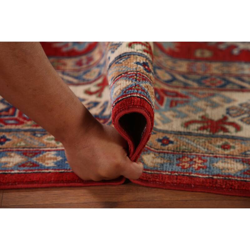 Geometric Red Kazak Area Rug Hand-Knotted Wool Carpet - 6'5" x 9'10"