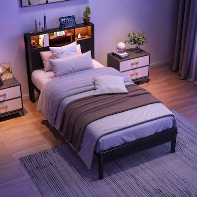 Twin Size Bed Frame with Storage Headboard, Charging Station, Bookcase Storage