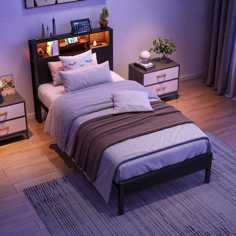 Twin Size Metal Bed Frame with Storage Headboard, Charging Station, RGB LED Lights, Under-Bed Storage, Easy Assembly