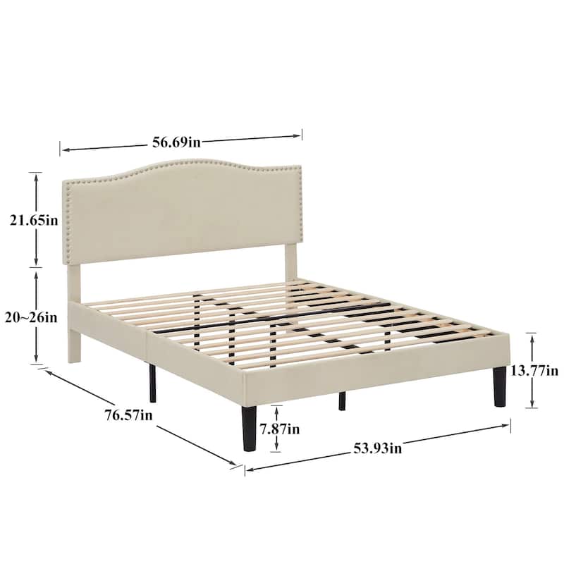 VECELO, Upholstered Platform Bed Frame with Nailhead Headboard- Twin/Full/Queen Size Bed-Beige
