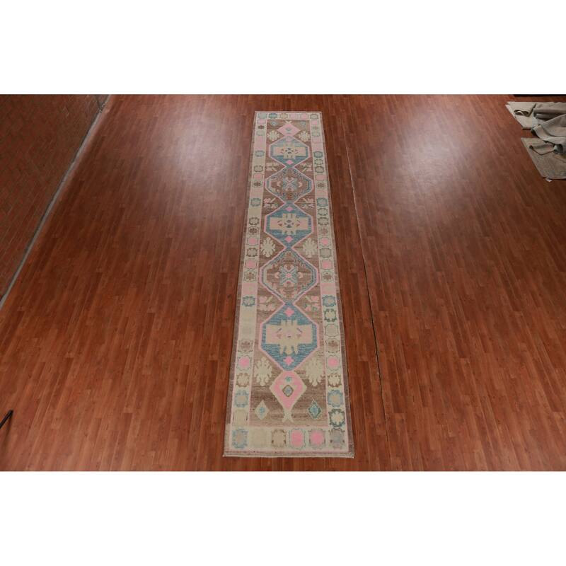 Hand Knotted Oriental 100% Wool Carpet Transitional Geometric Brown Oushak Runner Rug - 16' 1'' X 3' 5''