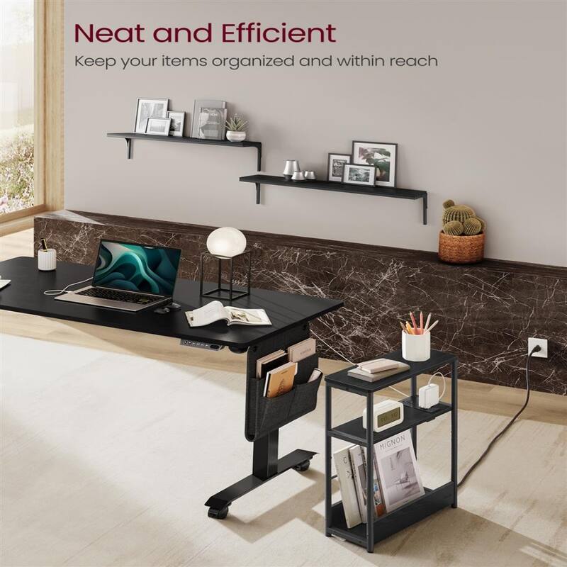 Space-Saving End Table with 3 Storage Shelves and Built-In Charging Station and Stable Steel Frame - 7.1"D x 17.7"W x 22.8"H
