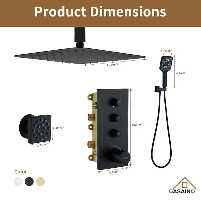 Luxury Thermostatic Shower System 3-Spray Patterns Ceiling Mount Fixed Shower Head and Handheld Spray with 6 Body Jets
