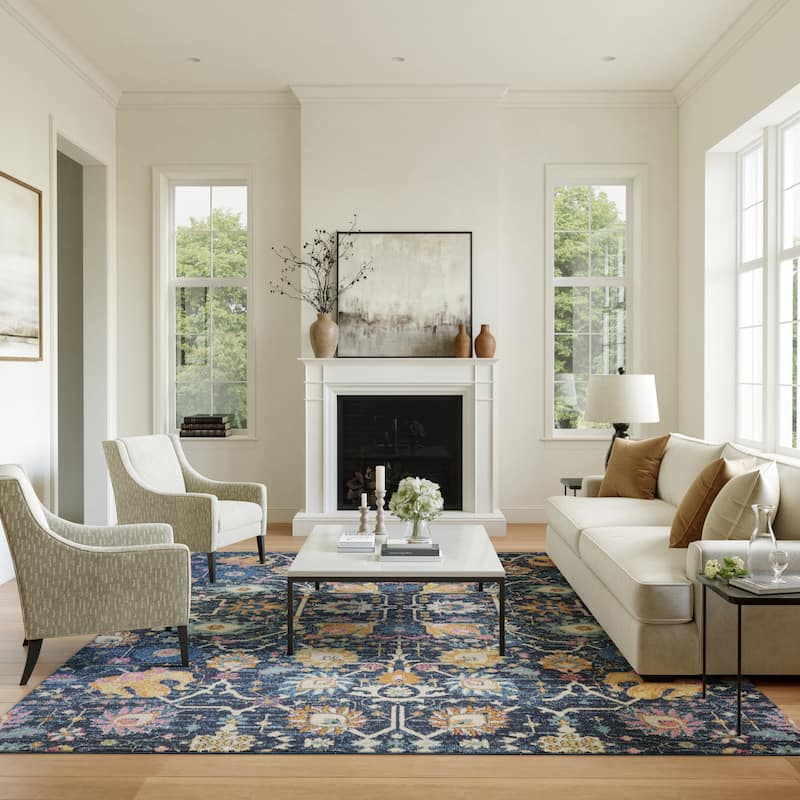 Nourison Passion Boho French Country Floral Area Rug. - 6'7" x 9'6" - Navy - Runner
