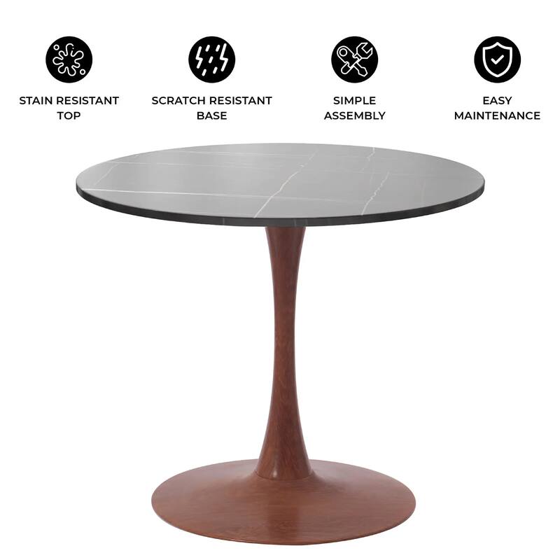 Bristol 27" Round Dining Table with Sintered Stone Top and Cherry Steel Pedestal Base for Modern Kitchen and Dining Room