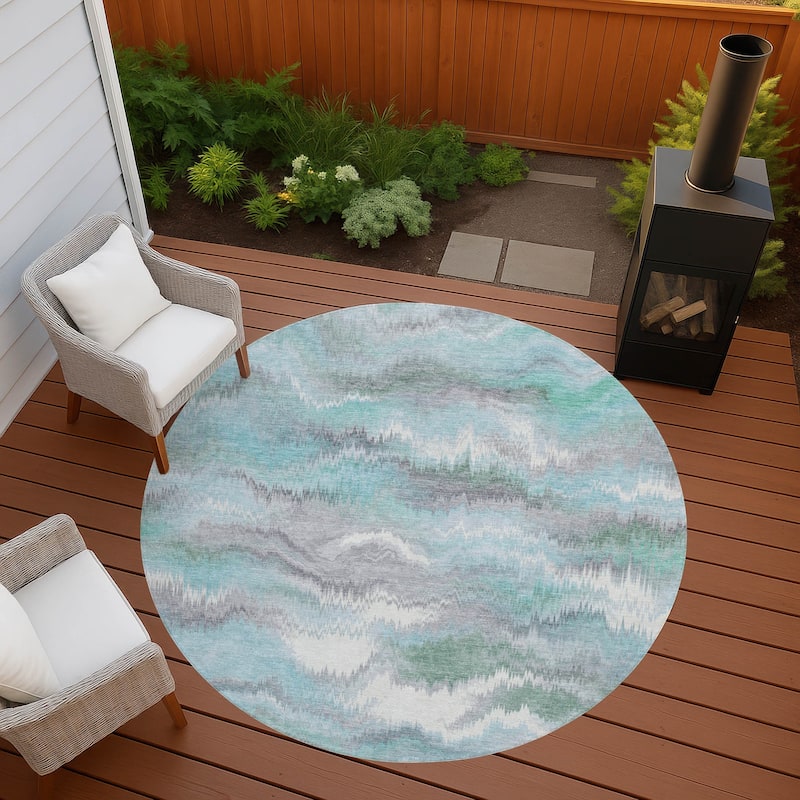 Machine Washable Indoor/ Outdoor Abstract Watercolor Chantille Rug - Teal - 8' x 8'
