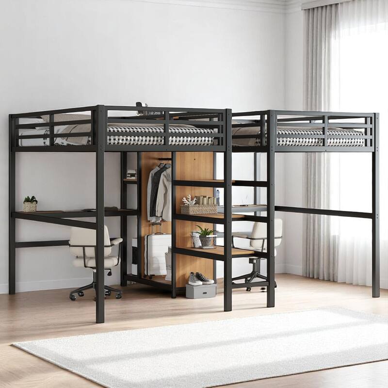 Twin Over Twin Metal Loft Bed with Dual Desks, Wardrobe, Charging Ports & Storage Shelves, Space-Saving Design for Kids & Teens