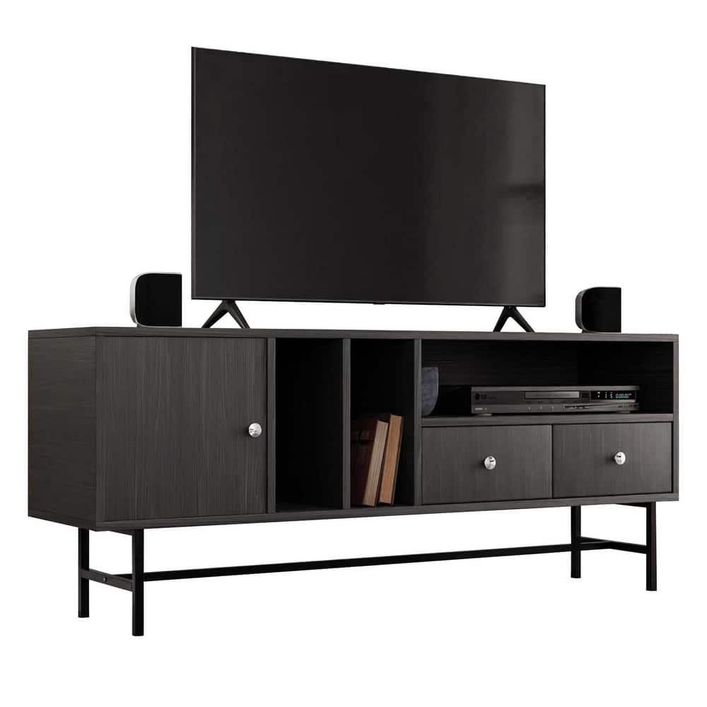 Rochester Multifunctional 60" Modern Wood TV Stand with 2 Drawers, Open Shelves, Enclosed Cabinet, and Powder Coated Steel Legs