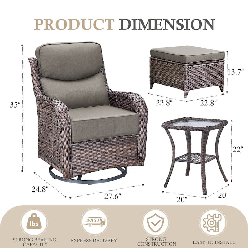 Arcadia 5-Piece Wicker Patio Swivel Glider Set with 6-Inch Thick Cushions