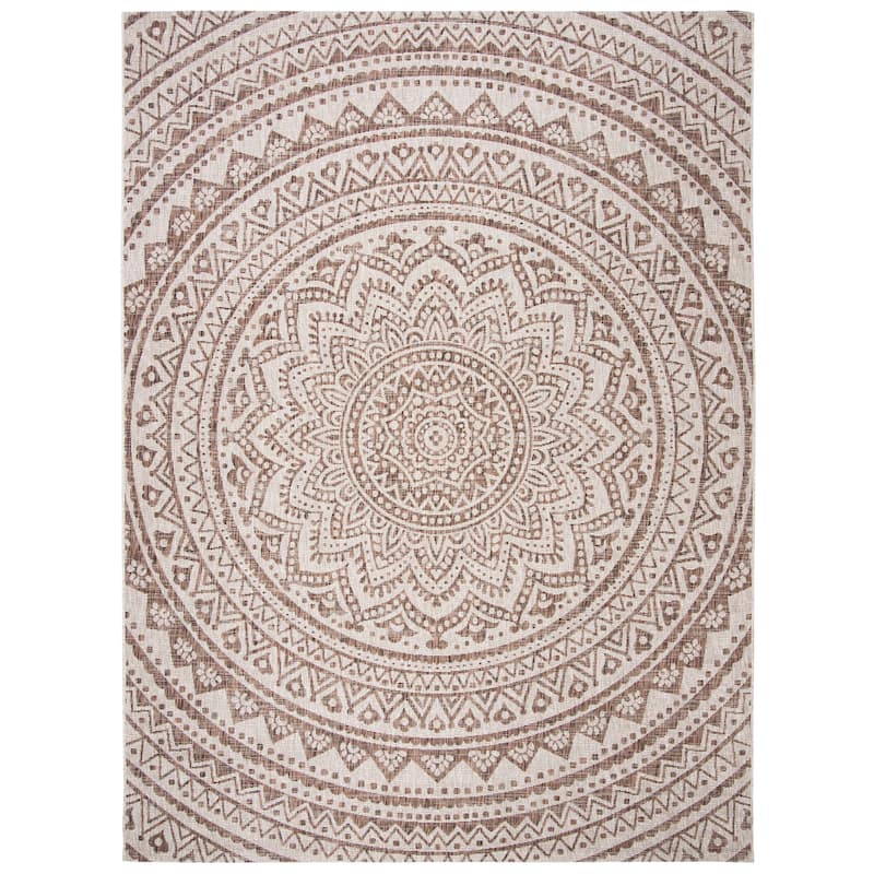 SAFAVIEH Courtyard Fran Mandala Indoor/ Outdoor Waterproof Patio Backyard Rug - 6'7" x 9'6" - Light Beige/Light Brown