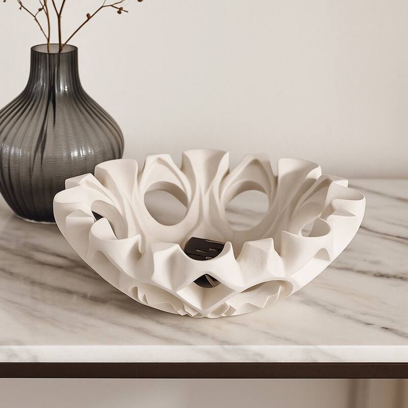 Artistic Decorative Bowl with Sculptural Cut-Out Design - 16", Tan - White - 16.0"