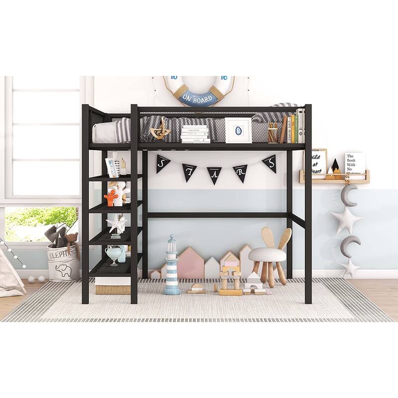 Metal Loft Bed with 4-Tier Shelves and Storage