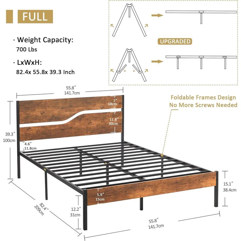 VECELO Beds Industrial Platform Bed Frame with Wood Headboard,Easy Set up