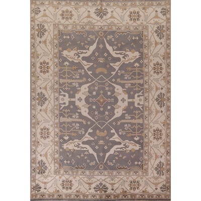Gray Oushak Indian Rug Hand-Knotted Transitional Floral Wool Carpet - 9'1"x 11'7"