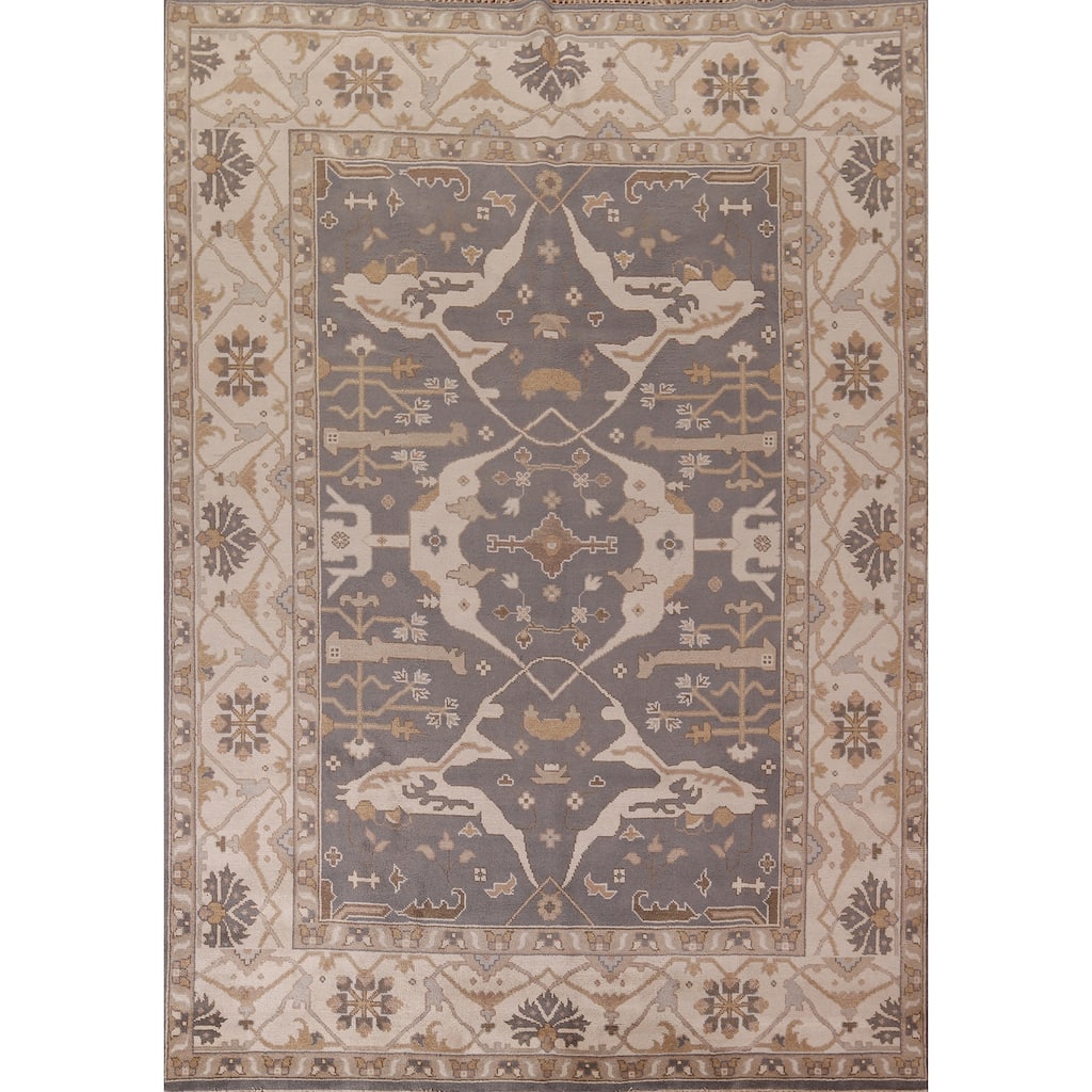 Gray Oushak Indian Rug Hand-Knotted Transitional Floral Wool Carpet - 9'1"x 11'7"