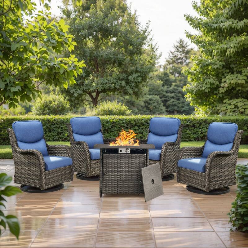 5 Pieces Outdoor Gliders Chairs Fire Pit Table with 5-Inch Thick Cushions - Grey Rattan - Blue Cushion - 5PCS Swivel Chairs with Square Fire Table