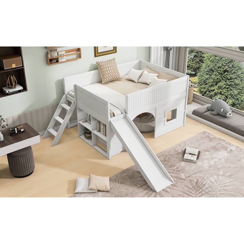 Roomfitters Full Low Loft Bed with Slide, Storage Shelves and Window Design