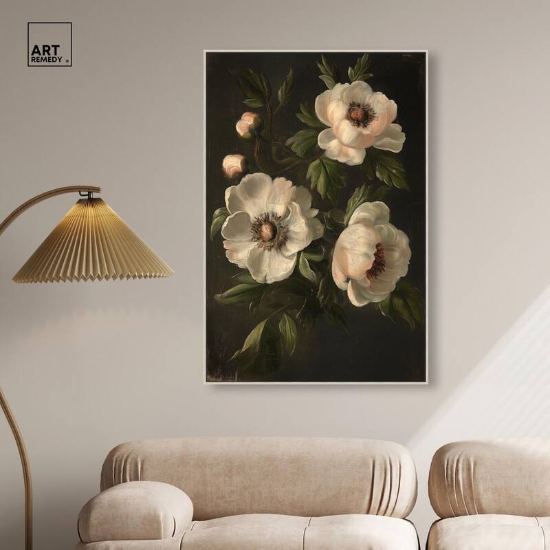 White Peonies in Dark I Canvas by Art Remedy