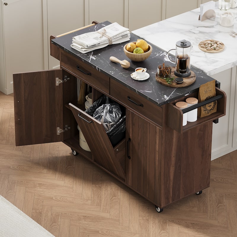 Drop Leaf Kitchen Island on Wheels w/ Tilt-out Trash Can, Walnut Brown - Walnut Brown