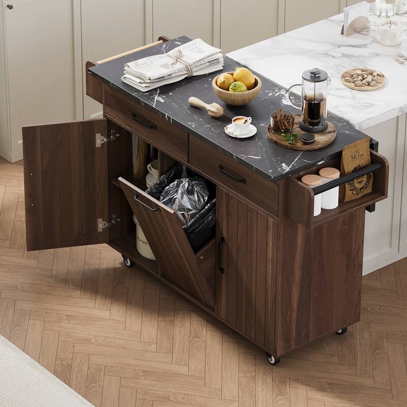 Rolling Kitchen Island Table with Trash Can Storage and Drop Leaf, Movable Portable Kitchen Storage Islands & Carts on Wheels
