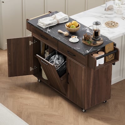Rolling Kitchen Island Table with Trash Can Storage and Drop Leaf, Movable Portable Kitchen Storage Islands & Carts on Wheels