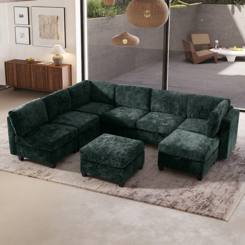 GDFStudio - Chenille Fabric 8-Seat 128" Modular Sectional Sofa with Storage & Solid Wood Frame - Antique Green