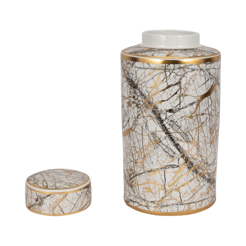 16" Ceramic Jar with Lid Contemporary Decorative Glassware in White, Black and Gold Storage Canister Decor - 8" x 8" x 16"