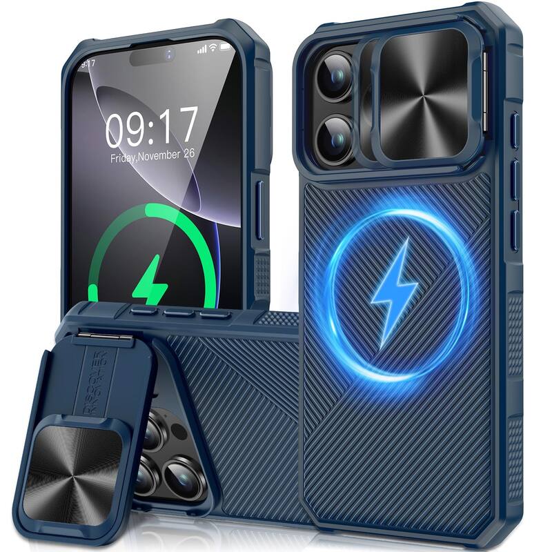 iPhone 16 Pro Max Camera Protection Kickstand - Case Compatible with Mag Safe, Protective Shockproof Military, Phone Case - Blue